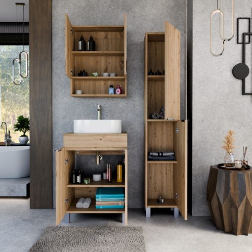 HD Paris Oak 60 komplett fürdőszoba bútor szett álló mosdószekrénnyel, fényes króm elemekkel, tölgyfa színű mosdópulttal, tükrös szekrénnyel és magasszekrénnyel