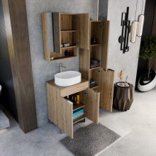 HD Paris Oak 60 komplett fürdőszoba bútor szett álló mosdószekrénnyel, fényes króm elemekkel, tölgyfa színű mosdópulttal, tükrös szekrénnyel és magasszekrénnyel