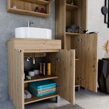 HD Paris Oak 60 komplett fürdőszoba bútor szett álló mosdószekrénnyel, fényes króm elemekkel, tölgyfa színű mosdópulttal, tükrös szekrénnyel és magasszekrénnyel