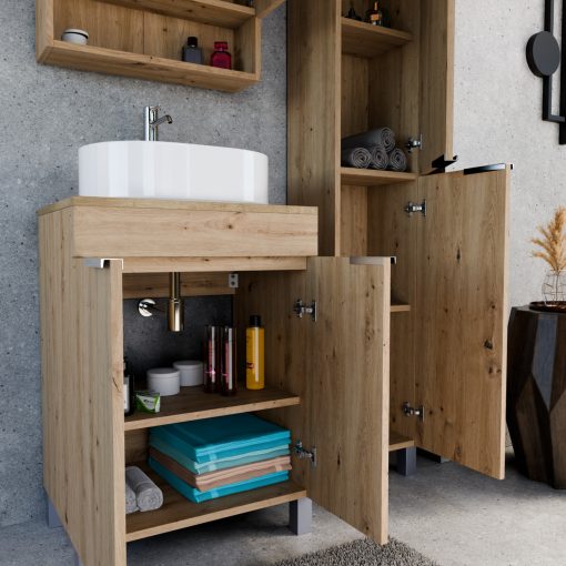 HD Paris Oak 60 komplett fürdőszoba bútor szett álló mosdószekrénnyel, fényes króm elemekkel, tölgyfa színű mosdópulttal, tükrös szekrénnyel és magasszekrénnyel