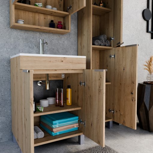 HD Paris Oak 60 komplett fürdőszoba bútor álló mosdószekrénnyel, szálcsiszolt króm elemekkel, fényes fehér slim mosdóval és tükrös szekrénnyel