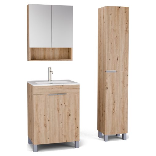 HD Paris Oak 60 komplett fürdőszoba bútor szett álló mosdószekrénnyel, szálcsiszolt króm elemekkel, fényes fehér slim mosdóval, tükrös szekrénnyel és magasszekrénnyel