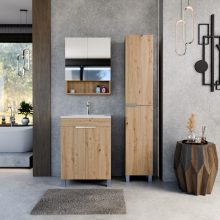 HD Paris Oak 60 komplett fürdőszoba bútor szett álló mosdószekrénnyel, szálcsiszolt króm elemekkel, fényes fehér slim mosdóval, tükrös szekrénnyel és magasszekrénnyel