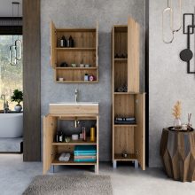 HD Paris Oak 60 komplett fürdőszoba bútor szett álló mosdószekrénnyel, szálcsiszolt króm elemekkel, fényes fehér slim mosdóval, tükrös szekrénnyel és magasszekrénnyel