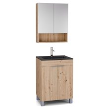 HD Paris Oak 60 komplett fürdőszoba bútor álló mosdószekrénnyel, szálcsiszolt króm elemekkel, matt fekete slim mosdóval és tükrös szekrénnyel