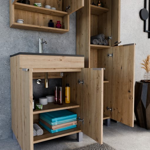 HD Paris Oak 60 komplett fürdőszoba bútor álló mosdószekrénnyel, szálcsiszolt króm elemekkel, matt fekete slim mosdóval és tükrös szekrénnyel