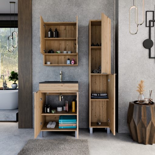 HD Paris Oak 60 komplett fürdőszoba bútor szett álló mosdószekrénnyel, szálcsiszolt króm elemekkel, matt fekete slim mosdóval, tükrös szekrénnyel és magasszekrénnyel