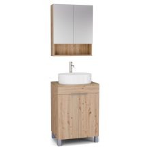 HD Paris Oak 60 komplett fürdőszoba bútor álló mosdószekrénnyel, szálcsiszolt króm elemekkel, tölgyfa színű mosdópulttal és tükrös szekrénnyel