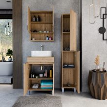 HD Paris Oak 60 komplett fürdőszoba bútor szett álló mosdószekrénnyel, szálcsiszolt króm elemekkel, tölgyfa színű mosdópulttal, tükrös szekrénnyel és magasszekrénnyel