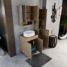 HD Paris Oak 60 komplett fürdőszoba bútor szett álló mosdószekrénnyel, szálcsiszolt króm elemekkel, tölgyfa színű mosdópulttal, tükrös szekrénnyel és magasszekrénnyel