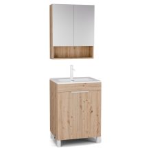HD Paris Oak 60 komplett fürdőszoba bútor álló mosdószekrénnyel, matt fehér elemekkel, fényes fehér slim mosdóval és tükrös szekrénnyel