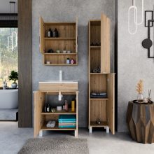 HD Paris Oak 60 komplett fürdőszoba bútor álló mosdószekrénnyel, matt fehér elemekkel, fényes fehér slim mosdóval és tükrös szekrénnyel