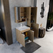 HD Paris Oak 60 komplett fürdőszoba bútor álló mosdószekrénnyel, matt fehér elemekkel, fényes fehér slim mosdóval és tükrös szekrénnyel