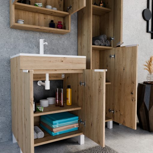 HD Paris Oak 60 komplett fürdőszoba bútor álló mosdószekrénnyel, matt fehér elemekkel, fényes fehér slim mosdóval és tükrös szekrénnyel