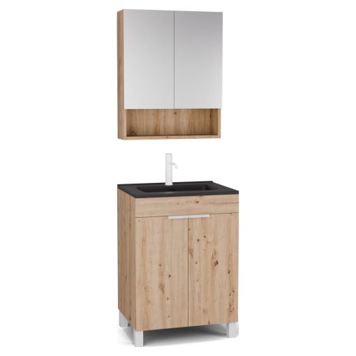 HD Paris Oak 60 komplett fürdőszoba bútor álló mosdószekrénnyel, matt fehér elemekkel, matt fekete slim mosdóval és tükrös szekrénnyel