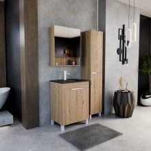 HD Paris Oak 60 komplett fürdőszoba bútor álló mosdószekrénnyel, matt fehér elemekkel, matt fekete slim mosdóval és tükrös szekrénnyel