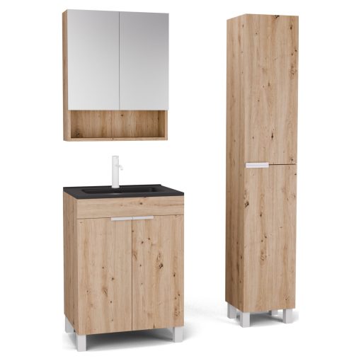 HD Paris Oak 60 komplett fürdőszoba bútor szett álló mosdószekrénnyel, matt fehér elemekkel, matt fekete slim mosdóval, tükrös szekrénnyel és magasszekrénnyel