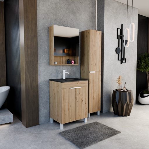 HD Paris Oak 60 komplett fürdőszoba bútor szett álló mosdószekrénnyel, matt fehér elemekkel, matt fekete slim mosdóval, tükrös szekrénnyel és magasszekrénnyel