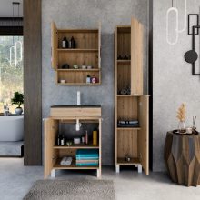 HD Paris Oak 60 komplett fürdőszoba bútor szett álló mosdószekrénnyel, matt fehér elemekkel, matt fekete slim mosdóval, tükrös szekrénnyel és magasszekrénnyel