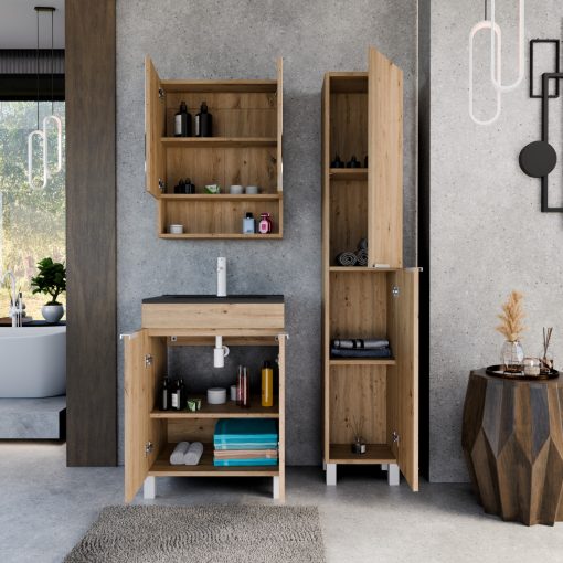 HD Paris Oak 60 komplett fürdőszoba bútor szett álló mosdószekrénnyel, matt fehér elemekkel, matt fekete slim mosdóval, tükrös szekrénnyel és magasszekrénnyel