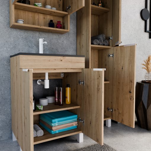 HD Paris Oak 60 komplett fürdőszoba bútor szett álló mosdószekrénnyel, matt fehér elemekkel, matt fekete slim mosdóval, tükrös szekrénnyel és magasszekrénnyel