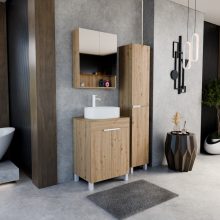 HD Paris Oak 60 komplett fürdőszoba bútor álló mosdószekrénnyel, matt fehér elemekkel, tölgyfa színű mosdópulttal és tükrös szekrénnyel