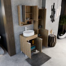 HD Paris Oak 60 komplett fürdőszoba bútor álló mosdószekrénnyel, matt fehér elemekkel, tölgyfa színű mosdópulttal és tükrös szekrénnyel