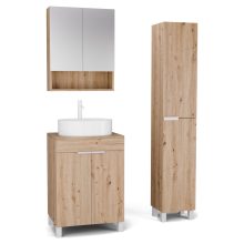 HD Paris Oak 60 komplett fürdőszoba bútor szett álló mosdószekrénnyel, matt fehér elemekkel, tölgyfa színű mosdópulttal, tükrös szekrénnyel és magasszekrénnyel