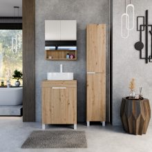 HD Paris Oak 60 komplett fürdőszoba bútor szett álló mosdószekrénnyel, matt fehér elemekkel, tölgyfa színű mosdópulttal, tükrös szekrénnyel és magasszekrénnyel