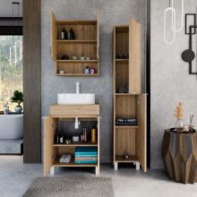 HD Paris Oak 60 komplett fürdőszoba bútor szett álló mosdószekrénnyel, matt fehér elemekkel, tölgyfa színű mosdópulttal, tükrös szekrénnyel és magasszekrénnyel