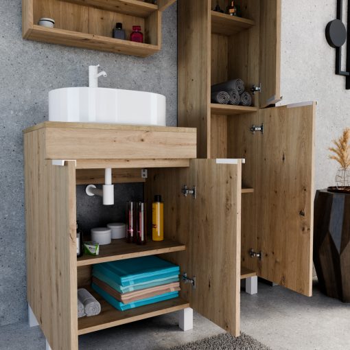 HD Paris Oak 60 komplett fürdőszoba bútor szett álló mosdószekrénnyel, matt fehér elemekkel, tölgyfa színű mosdópulttal, tükrös szekrénnyel és magasszekrénnyel