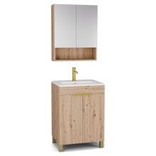 HD Paris Oak 60 komplett fürdőszoba bútor álló mosdószekrénnyel, szálcsiszolt arany elemekkel, fényes fehér slim mosdóval és tükrös szekrénnyel