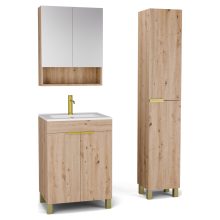 HD Paris Oak 60 komplett fürdőszoba bútor szett álló mosdószekrénnyel, szálcsiszolt arany elemekkel, fényes fehér slim mosdóval, tükrös szekrénnyel és magasszekrénnyel