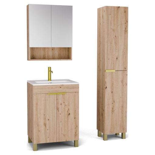 HD Paris Oak 60 komplett fürdőszoba bútor szett álló mosdószekrénnyel, szálcsiszolt arany elemekkel, fényes fehér slim mosdóval, tükrös szekrénnyel és magasszekrénnyel