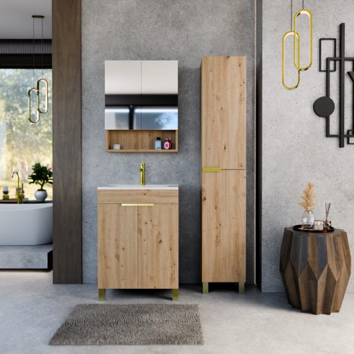 HD Paris Oak 60 komplett fürdőszoba bútor szett álló mosdószekrénnyel, szálcsiszolt arany elemekkel, fényes fehér slim mosdóval, tükrös szekrénnyel és magasszekrénnyel