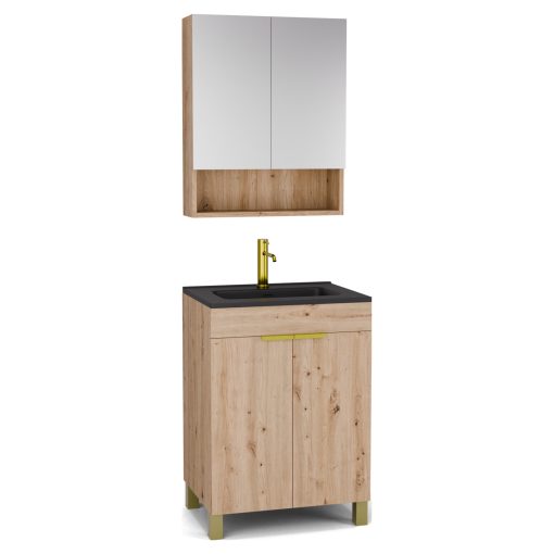 HD Paris Oak 60 komplett fürdőszoba bútor álló mosdószekrénnyel, szálcsiszolt arany elemekkel, matt fekete slim mosdóval és tükrös szekrénnyel