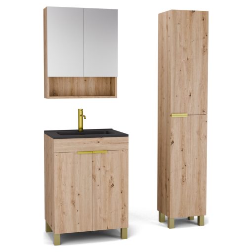 HD Paris Oak 60 komplett fürdőszoba bútor szett álló mosdószekrénnyel, szálcsiszolt arany elemekkel, matt fekete slim mosdóval, tükrös szekrénnyel és magasszekrénnyel