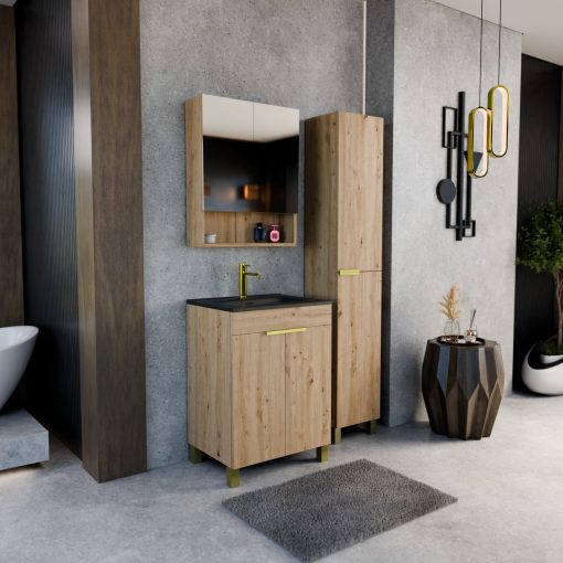 HD Paris Oak 60 komplett fürdőszoba bútor szett álló mosdószekrénnyel, szálcsiszolt arany elemekkel, matt fekete slim mosdóval, tükrös szekrénnyel és magasszekrénnyel