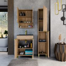 HD Paris Oak 60 komplett fürdőszoba bútor szett álló mosdószekrénnyel, szálcsiszolt arany elemekkel, matt fekete slim mosdóval, tükrös szekrénnyel és magasszekrénnyel