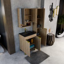 HD Paris Oak 60 komplett fürdőszoba bútor szett álló mosdószekrénnyel, szálcsiszolt arany elemekkel, matt fekete slim mosdóval, tükrös szekrénnyel és magasszekrénnyel