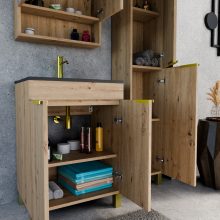 HD Paris Oak 60 komplett fürdőszoba bútor szett álló mosdószekrénnyel, szálcsiszolt arany elemekkel, matt fekete slim mosdóval, tükrös szekrénnyel és magasszekrénnyel