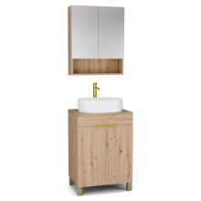 HD Paris Oak 60 komplett fürdőszoba bútor álló mosdószekrénnyel, szálcsiszolt arany elemekkel, tölgyfa színű mosdópulttal és tükrös szekrénnyel