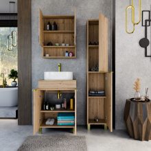 HD Paris Oak 60 komplett fürdőszoba bútor álló mosdószekrénnyel, szálcsiszolt arany elemekkel, tölgyfa színű mosdópulttal és tükrös szekrénnyel