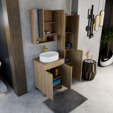 HD Paris Oak 60 komplett fürdőszoba bútor álló mosdószekrénnyel, szálcsiszolt arany elemekkel, tölgyfa színű mosdópulttal és tükrös szekrénnyel