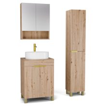 HD Paris Oak 60 komplett fürdőszoba bútor szett álló mosdószekrénnyel, szálcsiszolt arany elemekkel, tölgyfa színű mosdópulttal, tükrös szekrénnyel és magasszekrénnyel