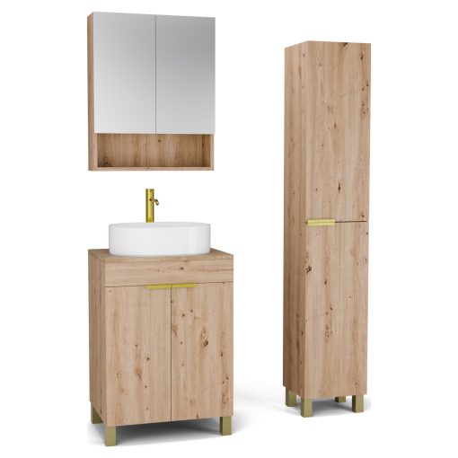 HD Paris Oak 60 komplett fürdőszoba bútor szett álló mosdószekrénnyel, szálcsiszolt arany elemekkel, tölgyfa színű mosdópulttal, tükrös szekrénnyel és magasszekrénnyel