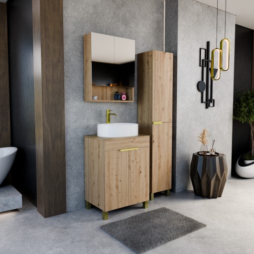 HD Paris Oak 60 komplett fürdőszoba bútor szett álló mosdószekrénnyel, szálcsiszolt arany elemekkel, tölgyfa színű mosdópulttal, tükrös szekrénnyel és magasszekrénnyel