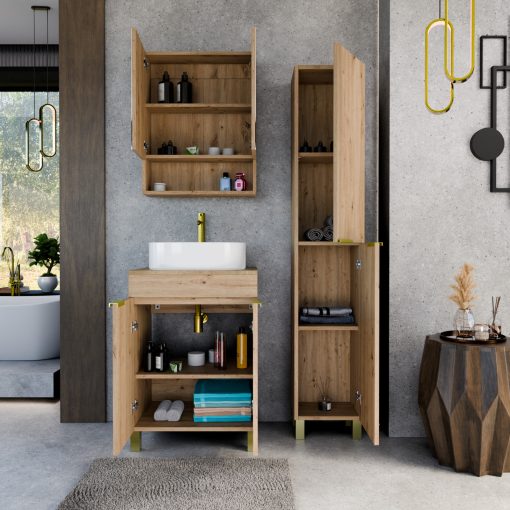 HD Paris Oak 60 komplett fürdőszoba bútor szett álló mosdószekrénnyel, szálcsiszolt arany elemekkel, tölgyfa színű mosdópulttal, tükrös szekrénnyel és magasszekrénnyel