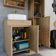 HD Paris Oak 60 komplett fürdőszoba bútor szett álló mosdószekrénnyel, szálcsiszolt arany elemekkel, tölgyfa színű mosdópulttal, tükrös szekrénnyel és magasszekrénnyel