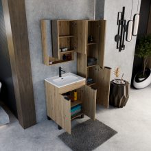 HD Paris Oak 60 komplett fürdőszoba bútor álló mosdószekrénnyel, matt fekete elemekkel, fényes fehér slim mosdóval és tükrös szekrénnyel